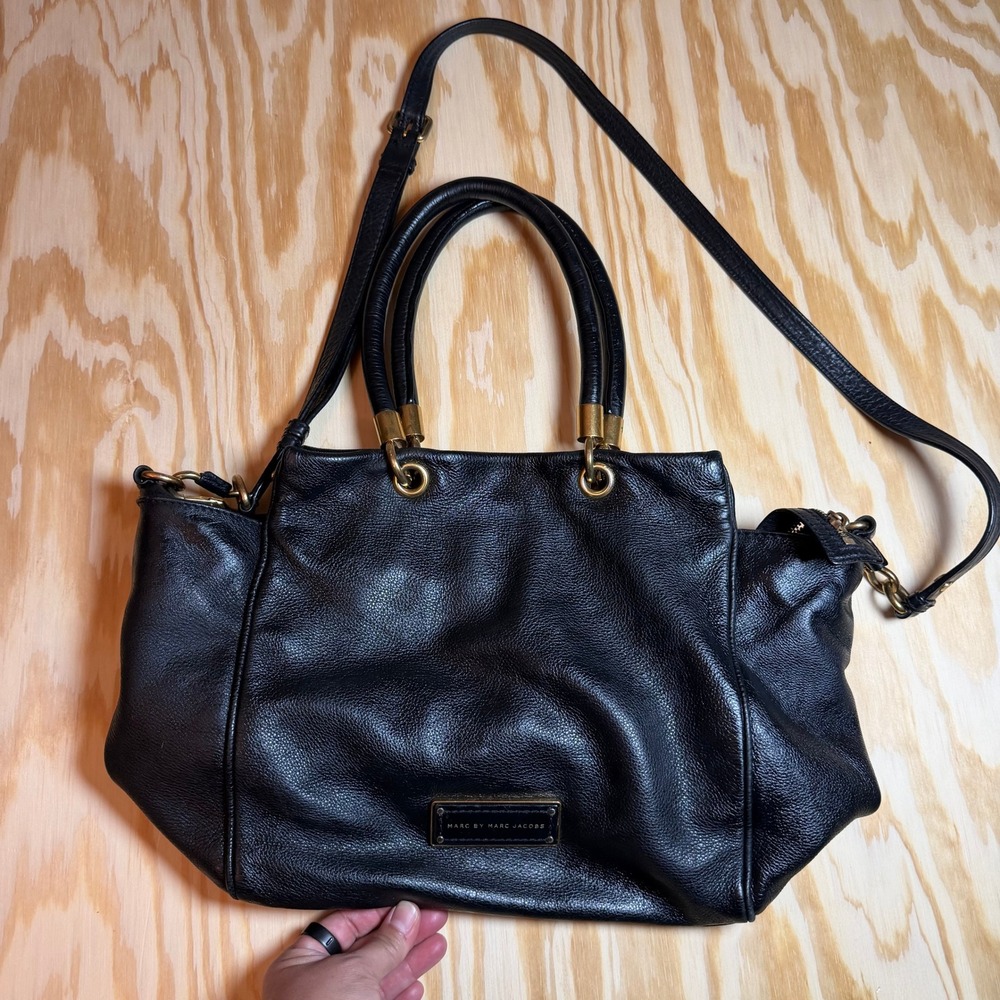 Marc by Marc Jacobs Black Pebbled Leather Satchel Crossbody Bag Gold Hardware